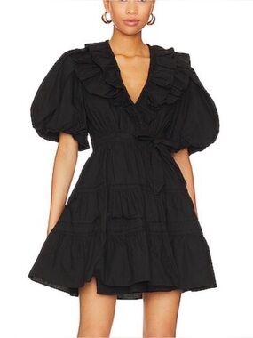 Black Ruffle wrap Puff Sleeve Dress